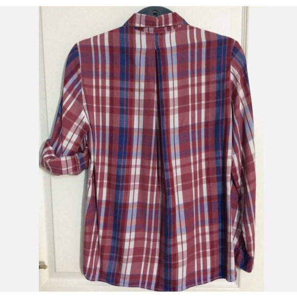 4Our Dreamers Plaid Button Up Shirt Top Roll Tab Sleeve Red Size Blue XS - Picture 3 of 6